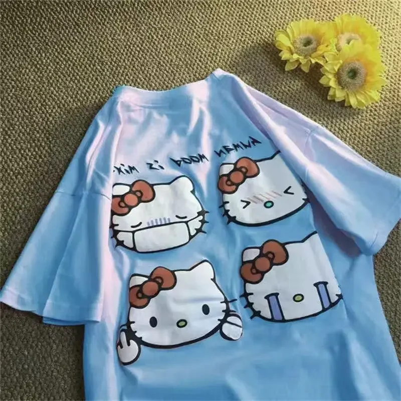 Korean Casual Women T-shirt Vintage Casual Hello Kitty Print Unisex T-shirt Student Couple Short Sleeve Summer T-shirt Goth Tops