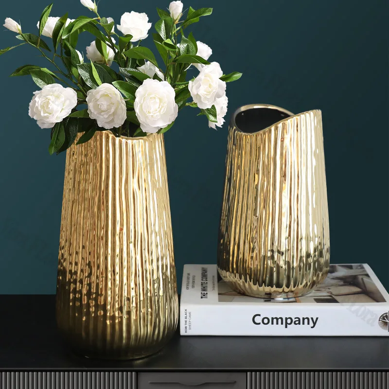 Nordic Ceramic Plated Gold Wide Mouth Vase Light Luxury Home Decoration Ornaments Luxurious Atmosphere Party Photography Props