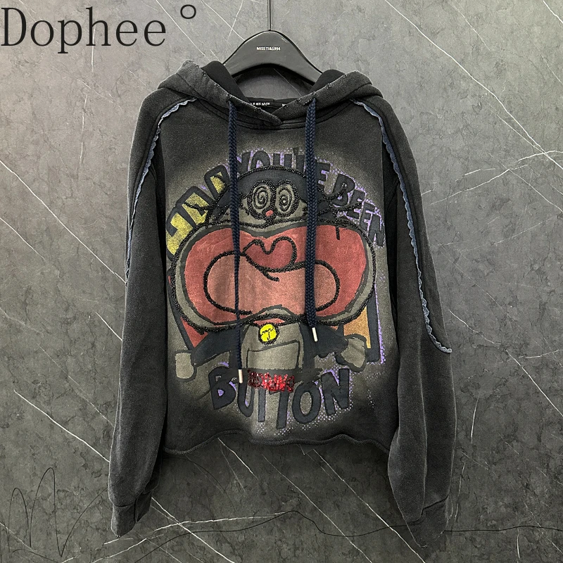 2025 New Spring Fashion Sequins Cartoon Printed Women Hooded Pullover Top All-match Loose Sweatshirt Streetwear Casual Hoodies