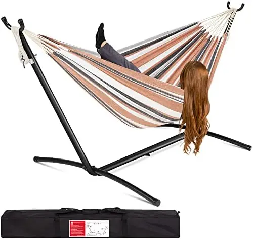 Double Hammock with Steel Stand, Indoor Outdoor Brazilian-Style Cotton Bed w/Carrying Bag, 2-Person Capacity - Desert