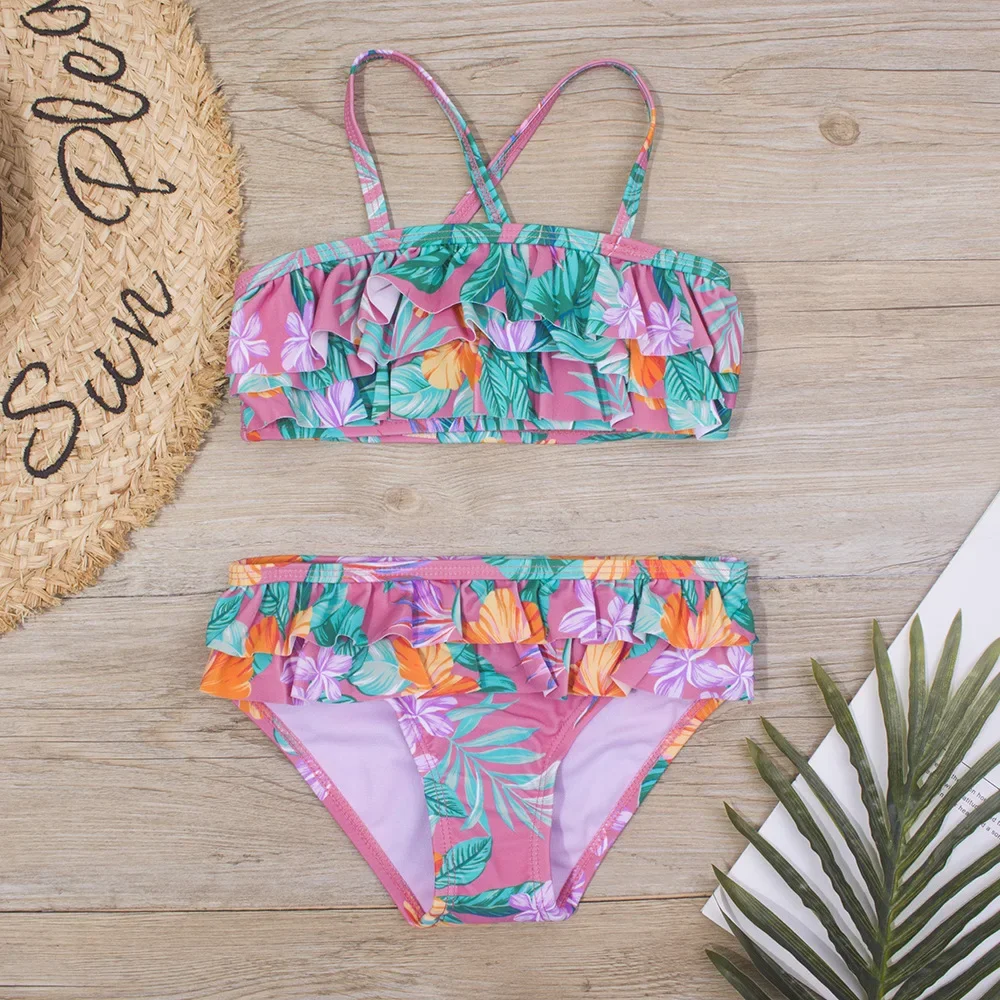 2025 Summer Floral Print Little Girls 3-8 Years Two Piece Bikini Set Kids Swimsuit Bathing Suit Beachwear