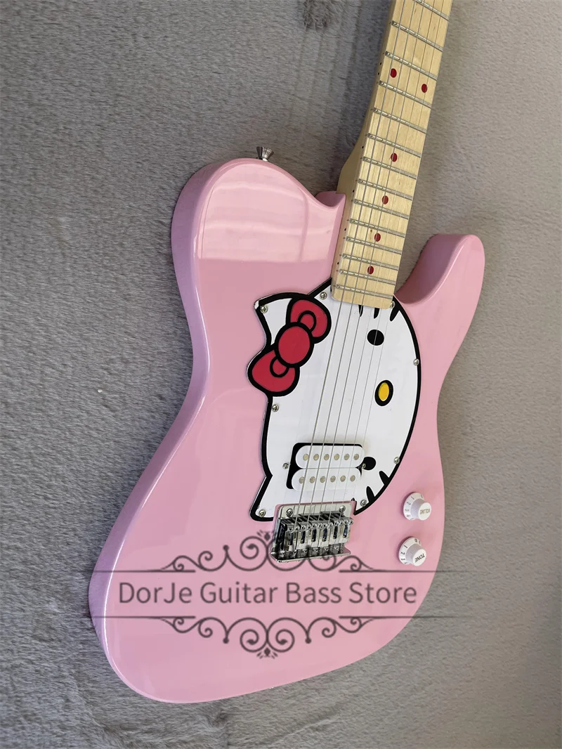 Pink Guitar Tel Electric Guitar Cat Pickguard Maple Fingerboard Red Inlay Fixed Bridge