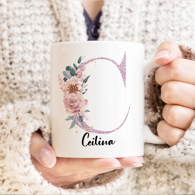 Tazza da caffè con nome personalizzato, tazze da succo di latte da tè floreali personalizzate, tazza da bicchiere creativa, compleanno, regalo per