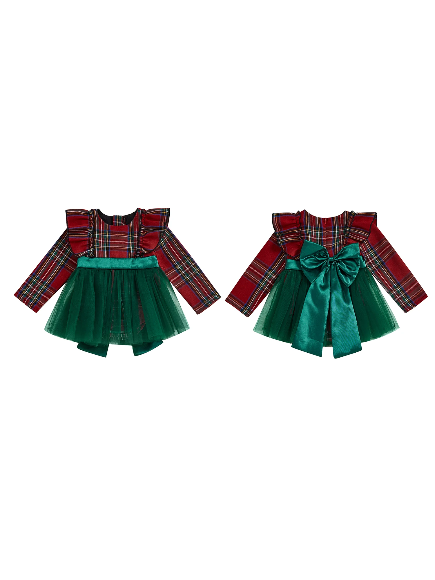 

Toddler Girl Tartan Plaid Holiday Jumpsuit with Ruffle Trim and Long Sleeves Patchwork Mesh Bodysuit for Winter and Fall