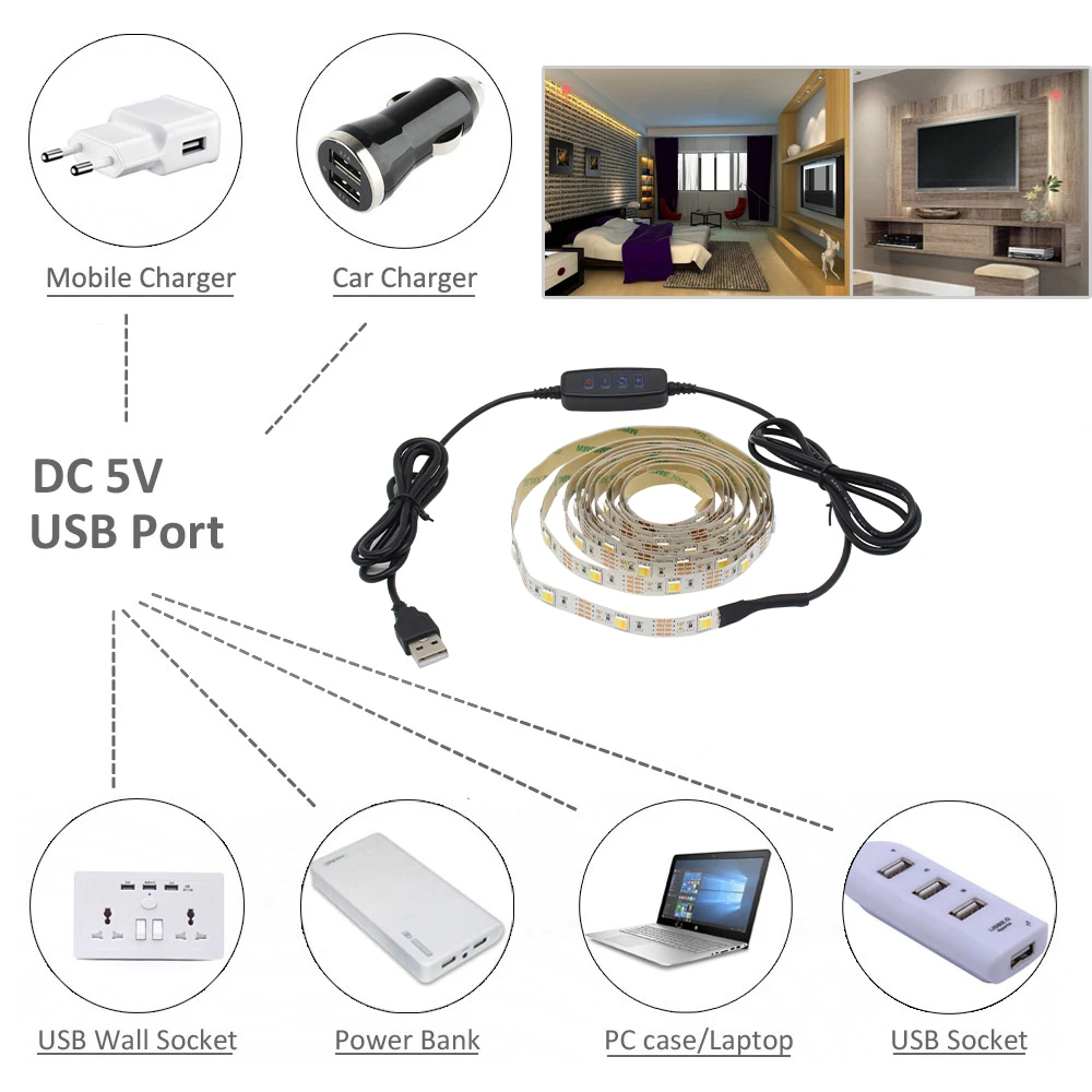 Imagem -05 - Faixa de Luz Led Usb 5v Regulável Smd 5050 Flexível 1m 2m 3m Cct Fita Led com Interruptor Dimmer para Decoração de Sala de Estar de tv