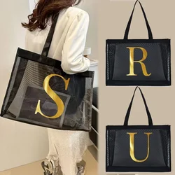 Mesh Shopping Bag Transparent Tote Bags Travel Storage Handbag Women Wallets Organizer Grid Package Letter Printing Series