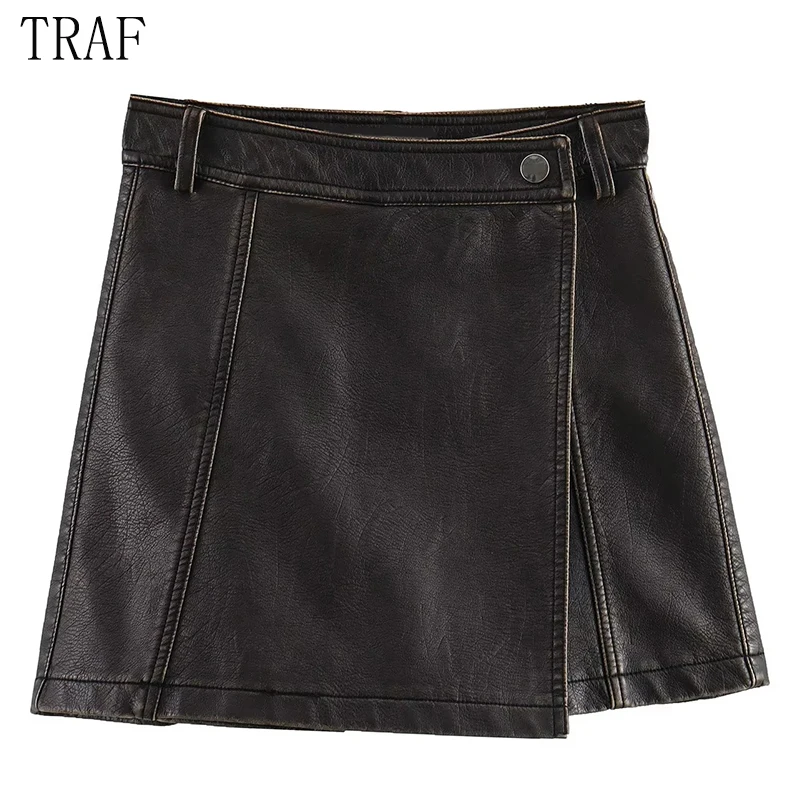 

TRAF Faux Leather Skort For Women High Waist Mini Skirt Pants Woman Fashion Autumn Winter Women's Skort Y2K Asymmetric Skirt