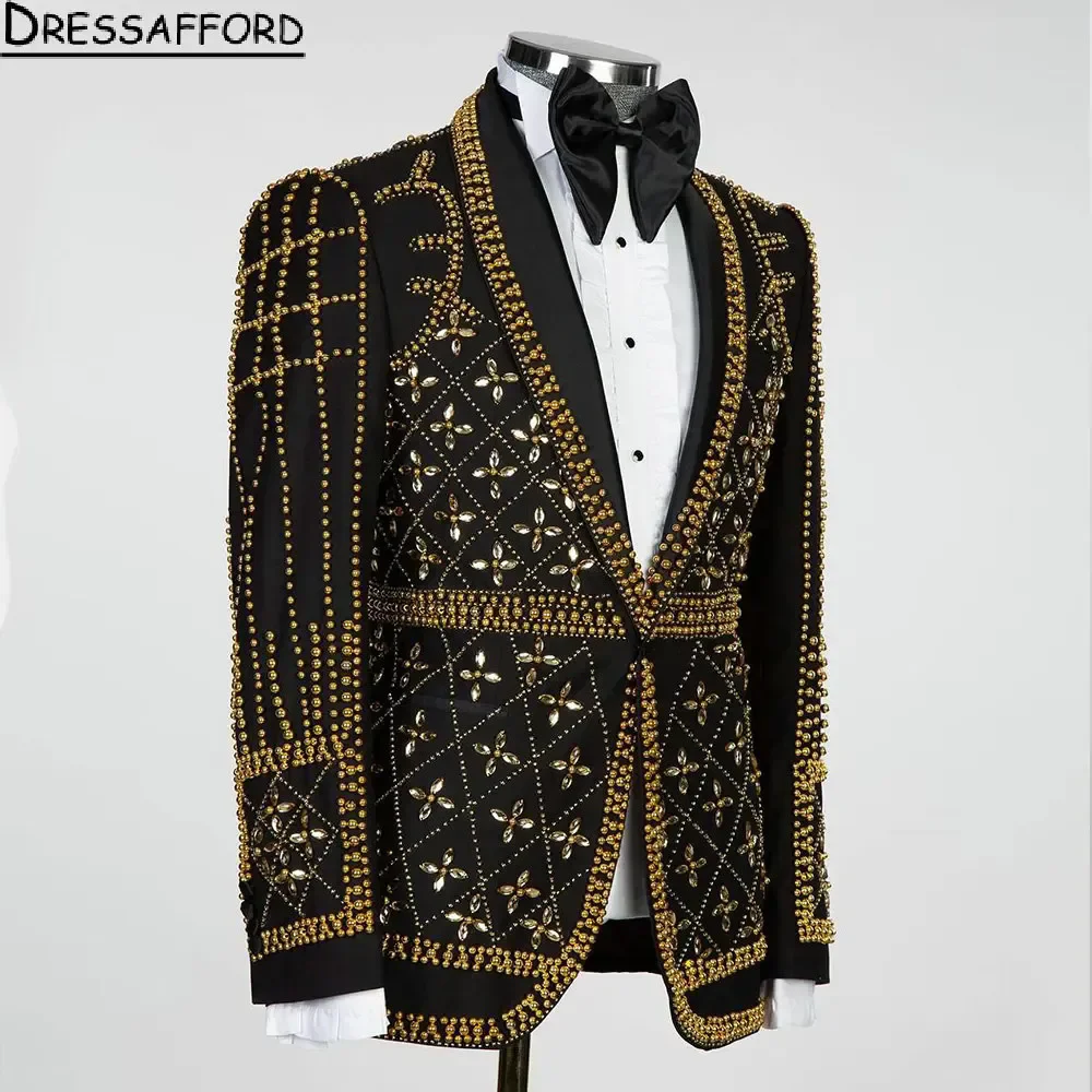 Blazer de pérolas de cristal dourado masculino, terno de noivo, jaqueta, colete, calças, preto, festa noturna, 2 peças