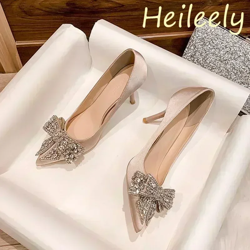 

6cm Luxury Women's Shoes Satin Pointed Toe with Rhinestone Bow Sexy High Heels Banquet Party Women Shoes 41 42 43