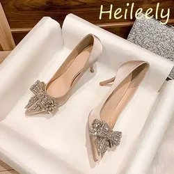 6cm Shoes Luxury Women Satin Pointed Toe with Rhinestone Bow Sexy High Heels Banquet Party Women Shoes 43