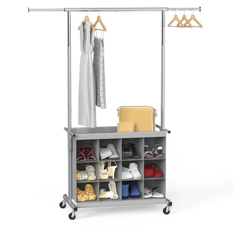 

Garment Rack with Extensible Haning Rod and 16 Shoes Organizer Grey