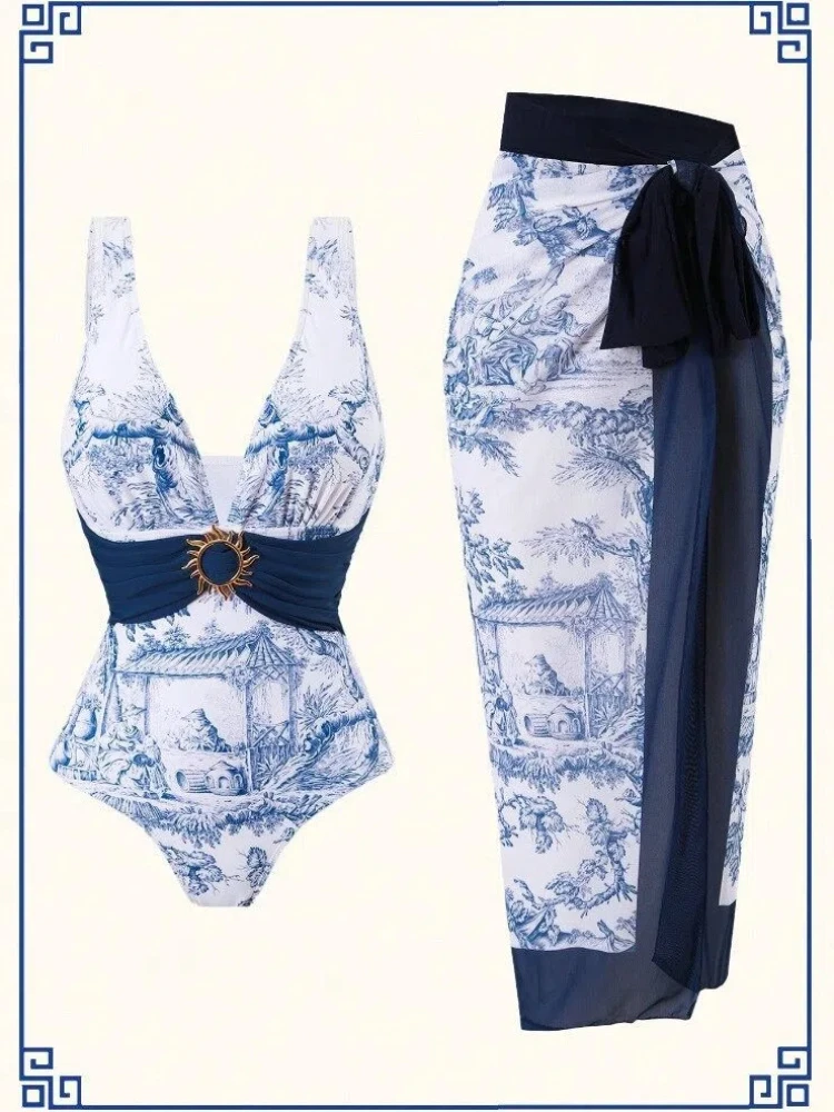 

2026 Women's V Neck Vintage Floral Two Piece Swimsuit with Skirt Retro Slimming Bathing Suit Sexy Long Skirt Holiday Beach Suits