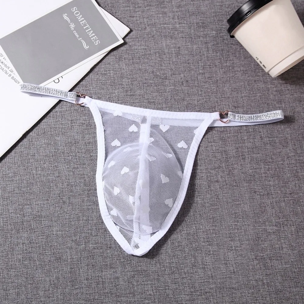 Thin Mesh Men Hollow Thongs Love Heart Print Low Waist Male Transparent Briefs Underpants Lingerie Men's Sheer Panties Summer