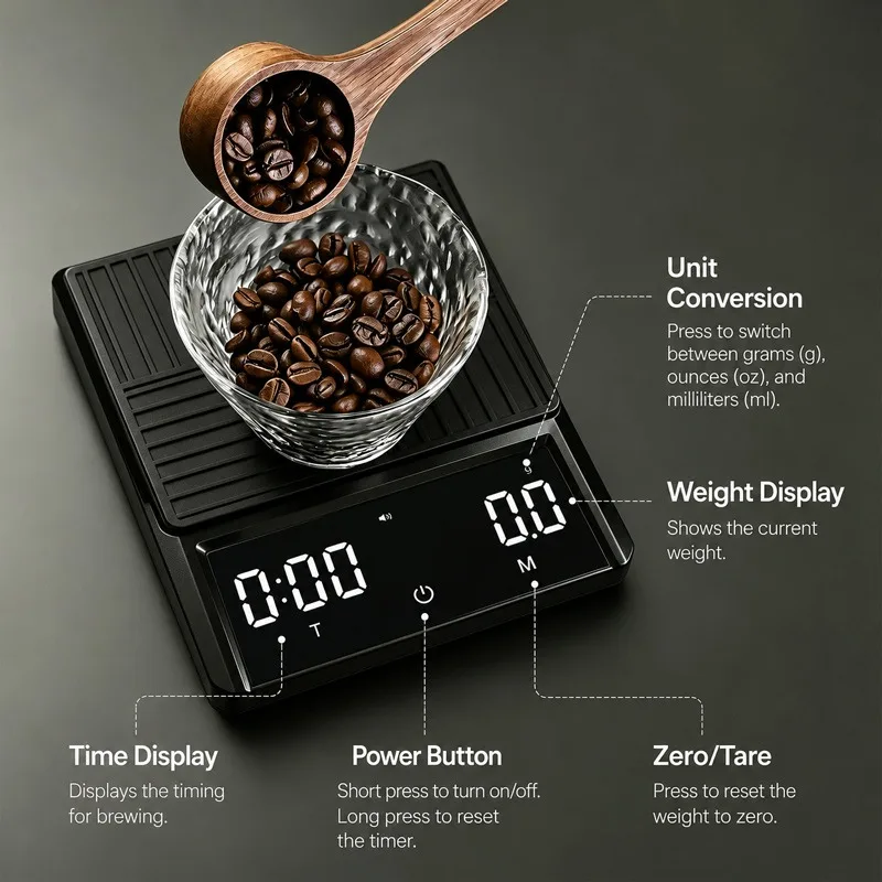 Professional Pour Over Coffee Scale 0.1g Precision Smart Touch Screen with Timer Espresso Brewing Kitchen Tool