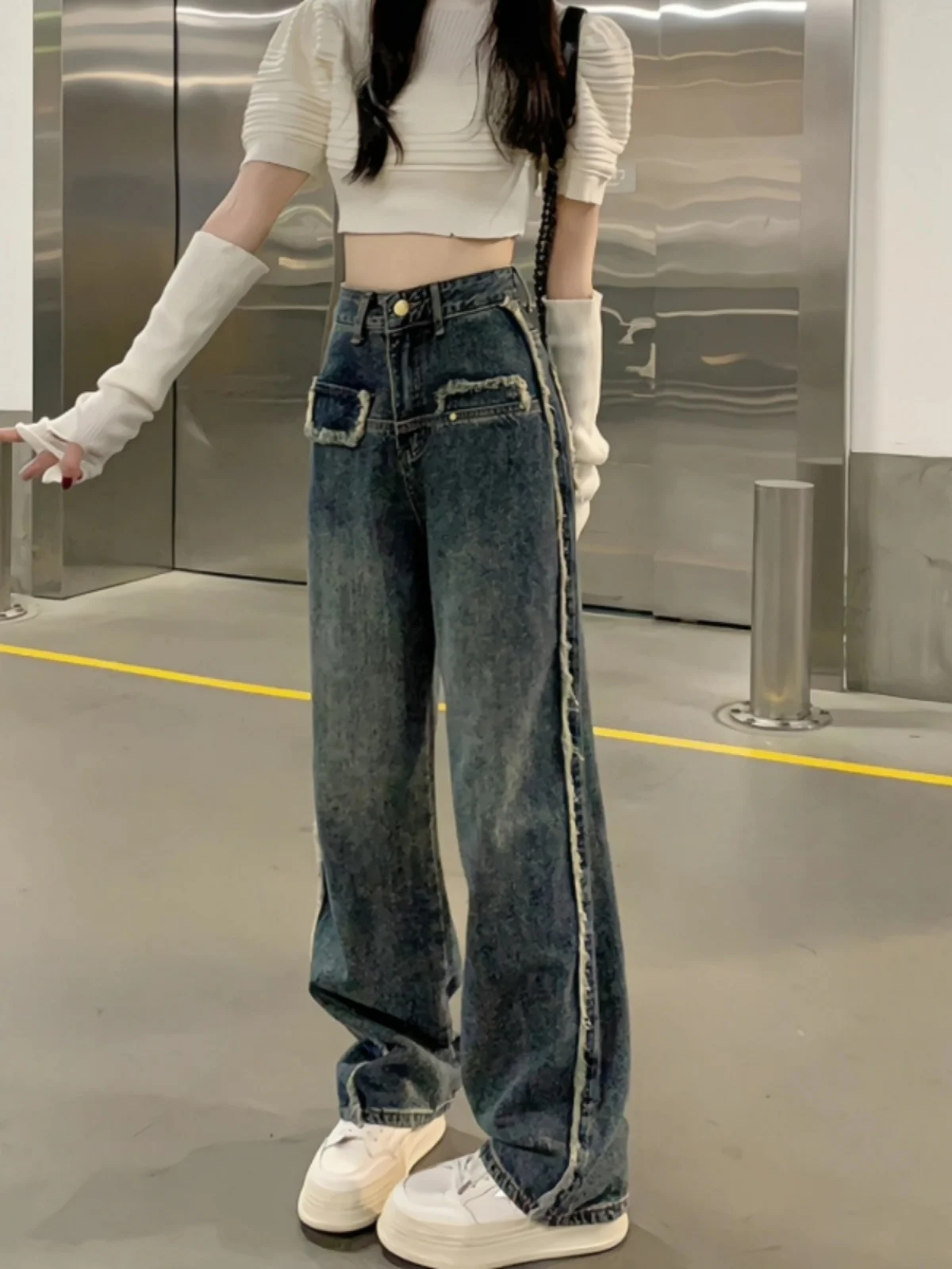 

High Waist Straight Leg Jeans Women's Spring Autumn New Style plus Size Slimming Wide Leg Floor-Length Pants