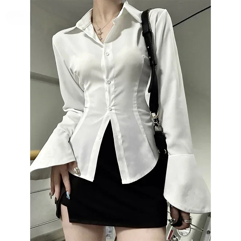 

Women Sexy Solid Color Slim Chiffon Shirt Turn-down Collar Flare Sleeve Tunic Bandage Design Vintage Female Blouses Spring 2025