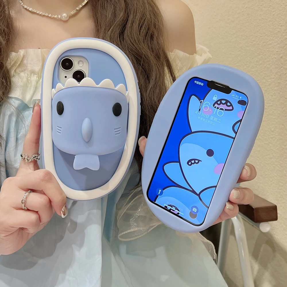 Luxury 3D Shark Cartoon Baby Slipper Silicone Case for iPhone 15 14 13 12 Phone Cover Shockproof Stand Holder Coque Skin Funda