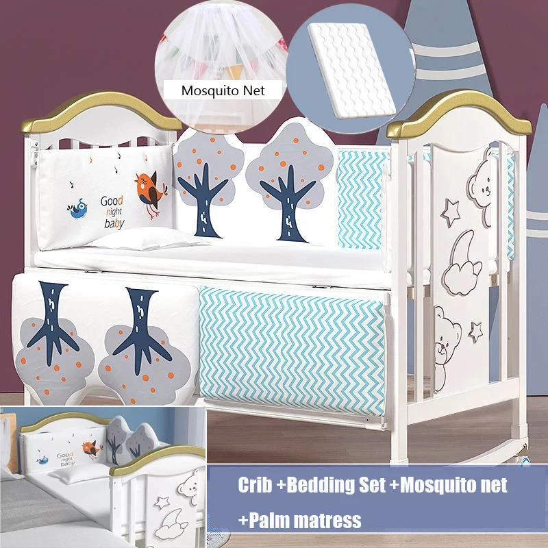 Houten babybedje met klamboe en beddengoedset Palmmatras, babybedje, bed, schommelmatras Multifunctioneel kinderbed