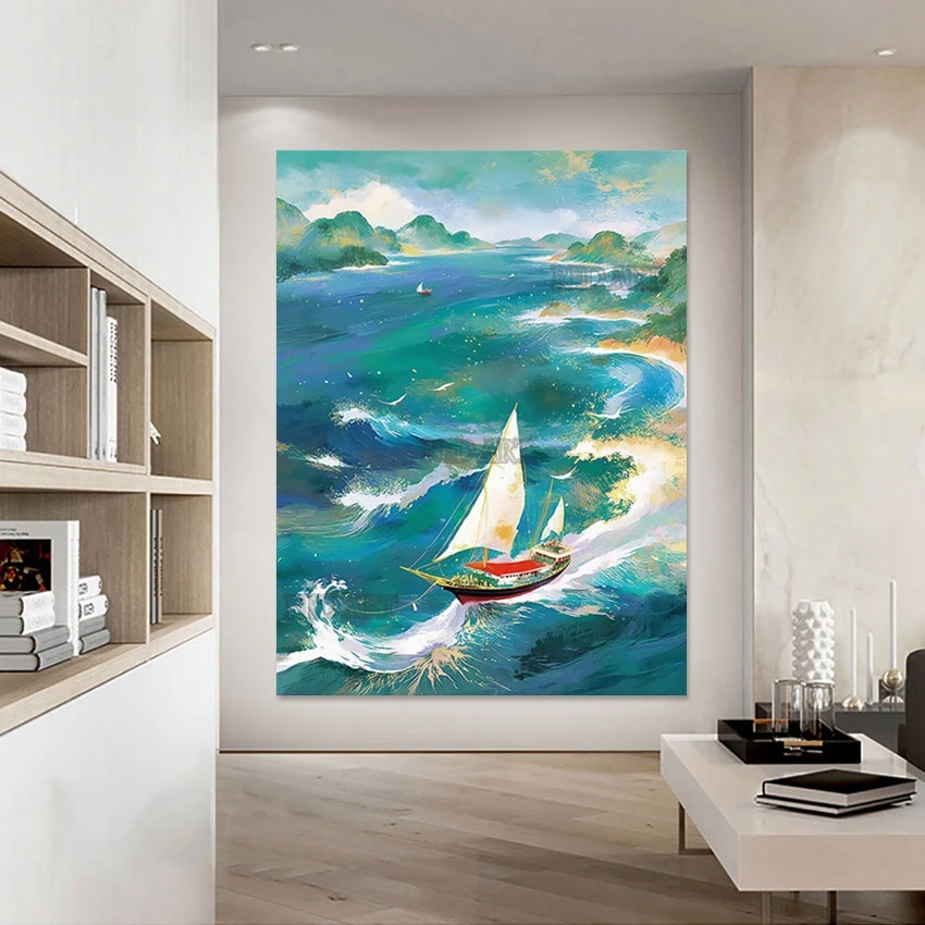 Hotel Decorative Item Luxury Canvas Art Hand-painted Sailing Bloat Ship Canvas Picture Oil Painting Wall Showpieces Artwork