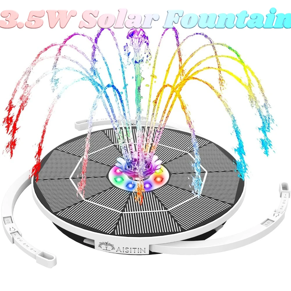 Solarna fontanna do kąpieli dla ptaków o mocy 3,5 W z 3 wspornikami teleskopowymi i 8 dyszami Wbudowana bateria 3000 mAh Pompa do fontanny ogrodowej
