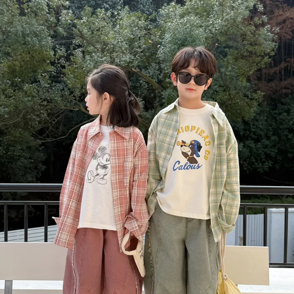 Children's Shirt 2025 Spring  Boys' and Girls' Korean  Checkered Collar Shirt Children's Casual Loose Top