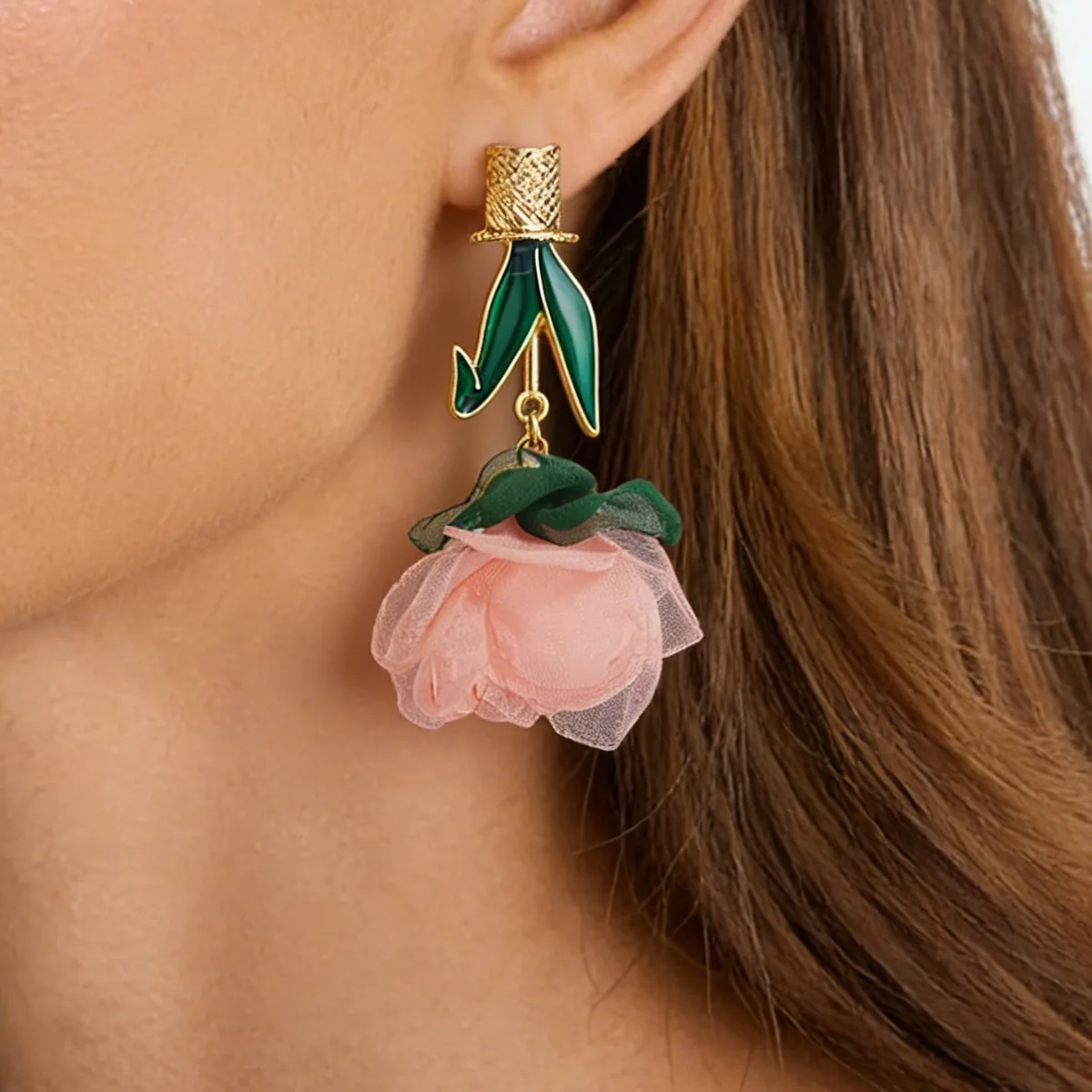 Dreamy Tulle Rose Drop Earrings Dark Green Leaf Dangle Jewelry French Romantic Aesthetic Runway Party Ear Accessories