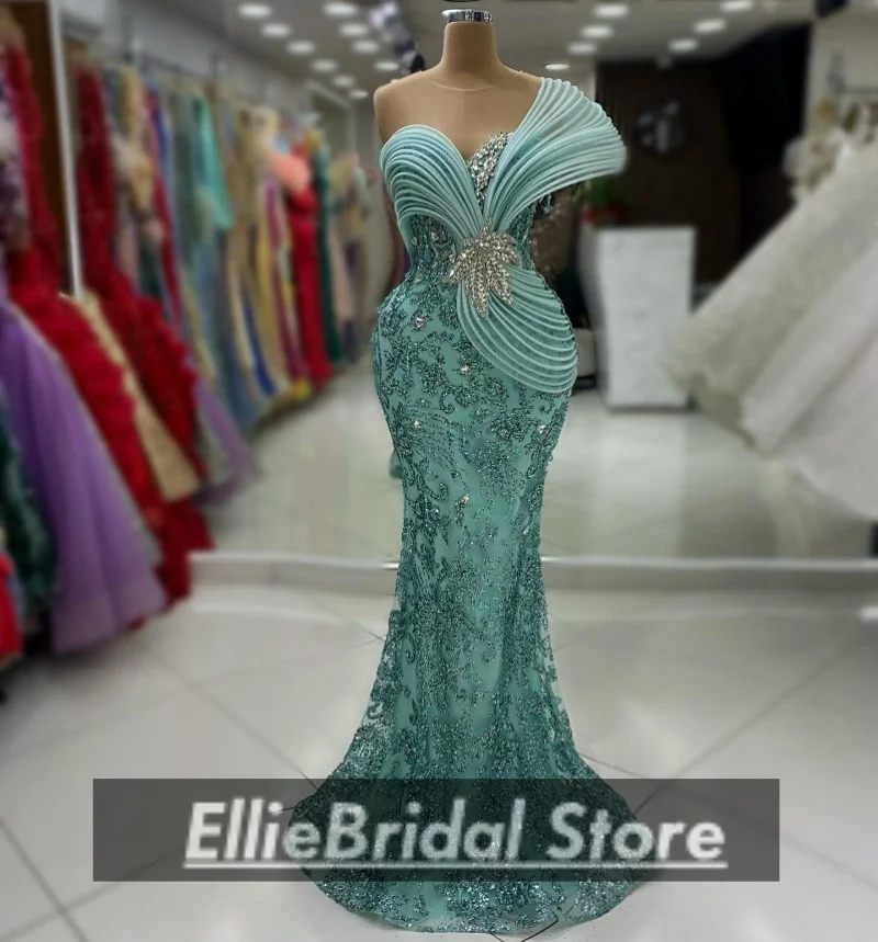 

Mint Green Sequin Evening Dresses For African Girls Sparkle Crystal Long Mermaid Wedding Party Dress Vestidos De Gala Customized