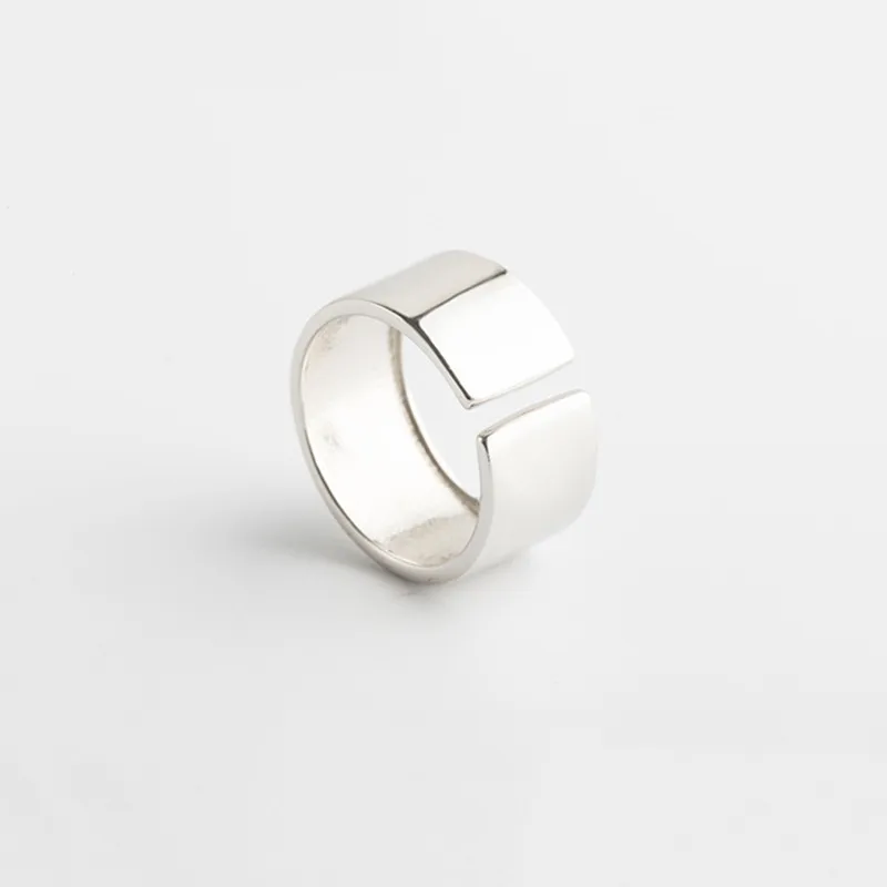 موضة جديدة لامعة 925 الفضة الاسترليني واسعة الوجه خواتم افتتاح بسيطة R046 #3