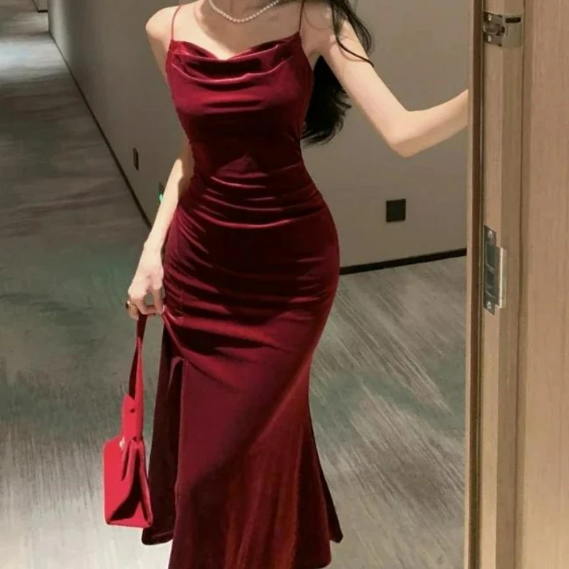 خمر مثير نادي حفلة موسيقية فساتين حمراء للنساء السباغيتي حزام شق المخملية فستان الشاطئ ضمادة Bodycon ميدي فستان حفلة أنيقة #5