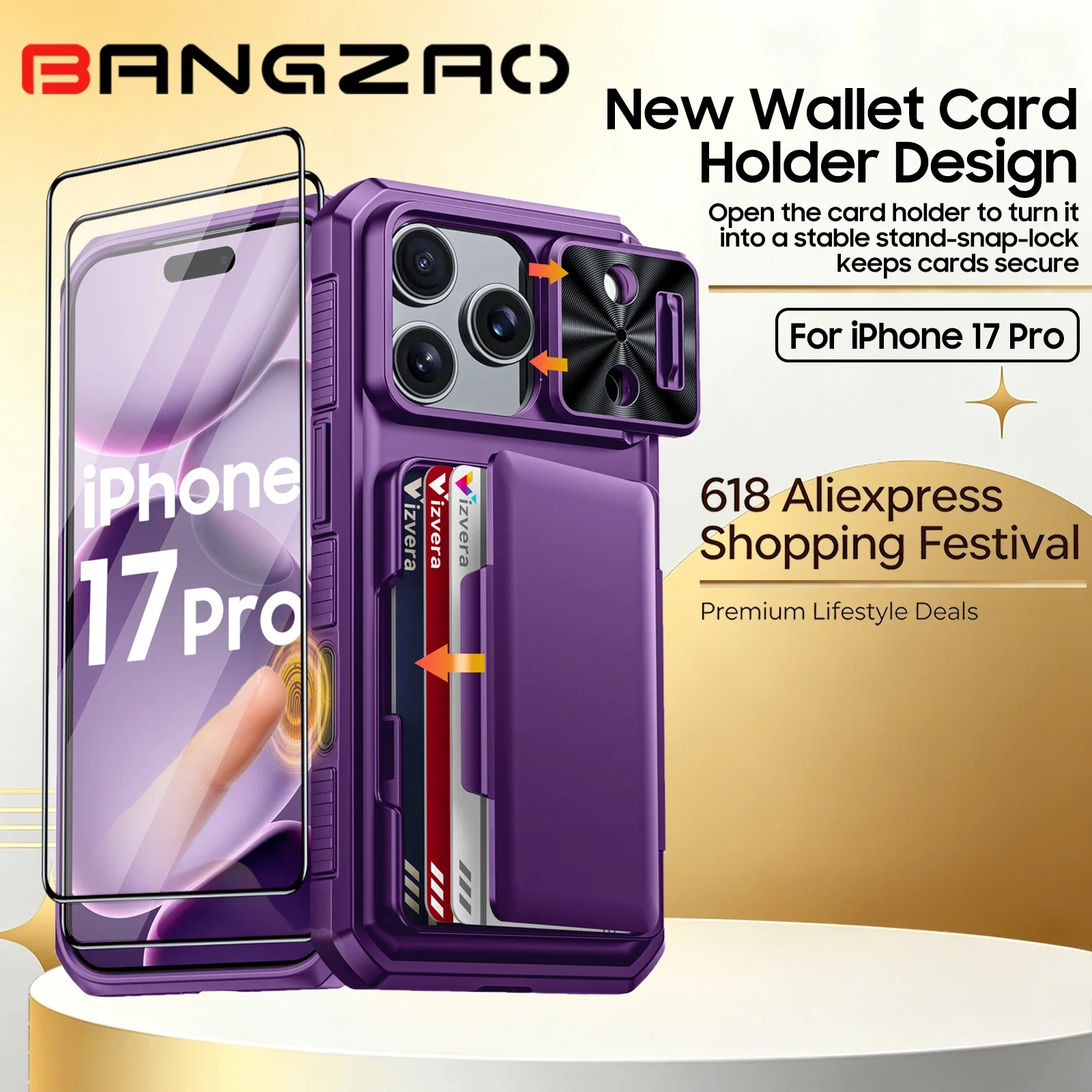 

618 Deals For iPhone 17 Pro Wallet Case with Card Slot Slide Camera Protection Anti-Fingerprint Rugged Phone Cover-Purple