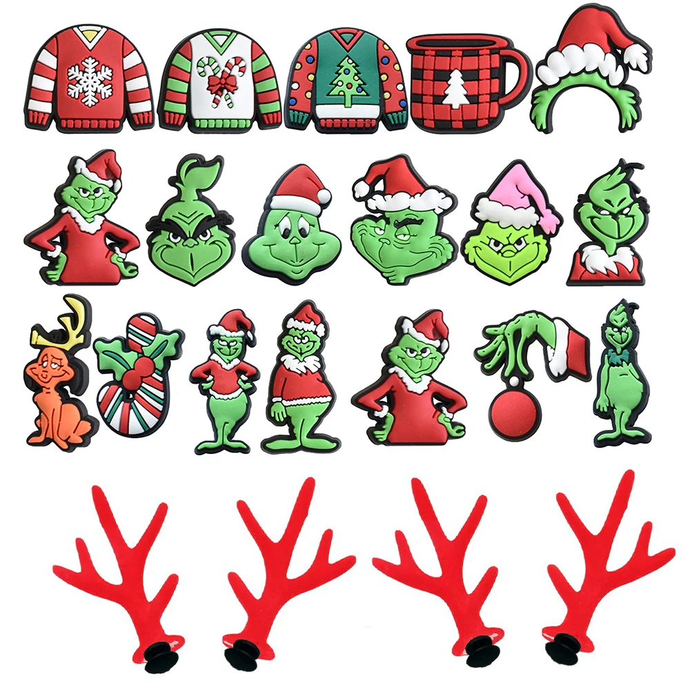 9-22Pcs Christmas Green Cartoon Shoes Charms Cartoon Clog Sandal Garden Shoe Decoration Accessorie Buckles Kids Party Gifts
