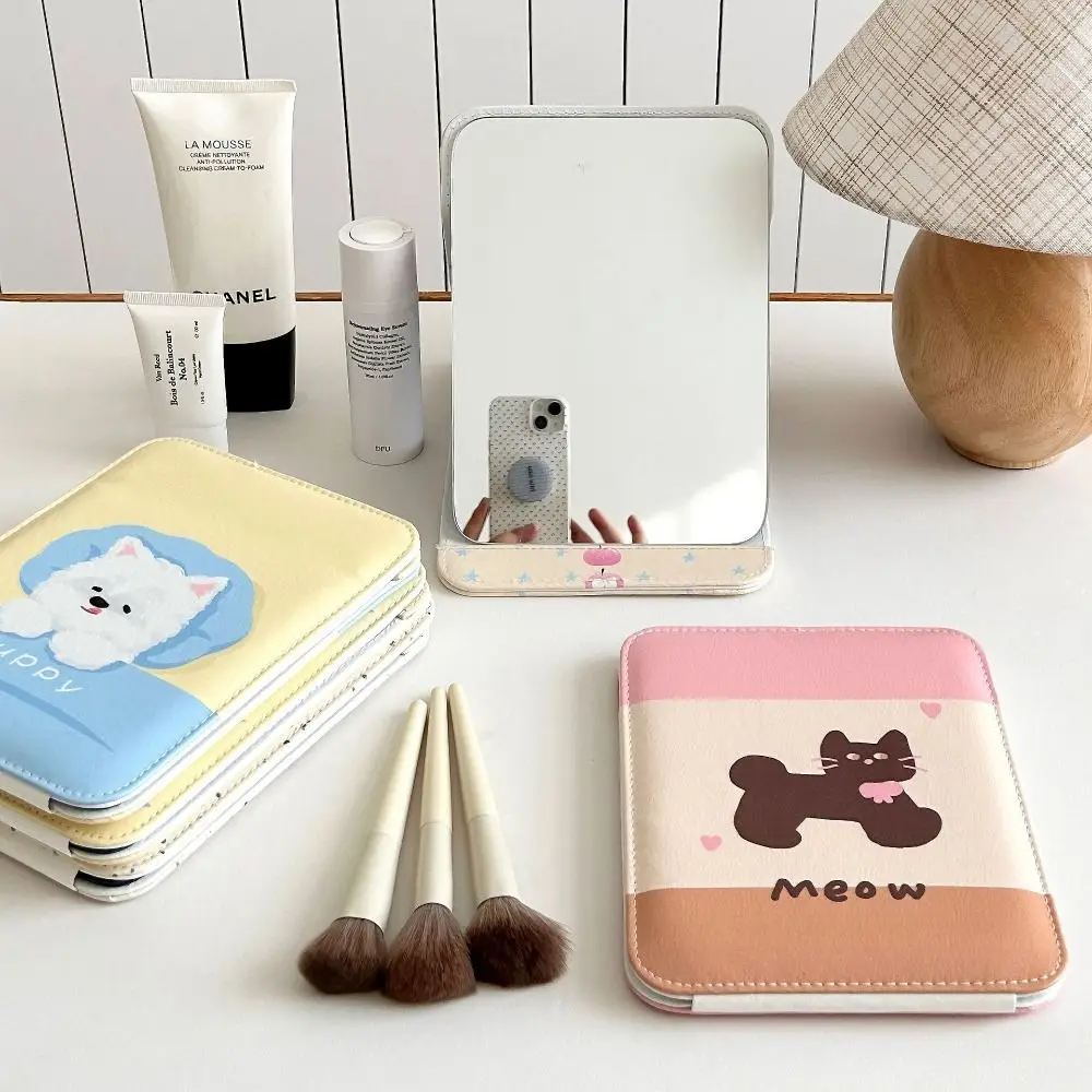 Schoonheid Pu Lederen Desktop Stand Spiegel Kat Cartoon Puppy Fold Make-Up Spiegel Bloem Delicate Make-Up Spiegel Home Decor