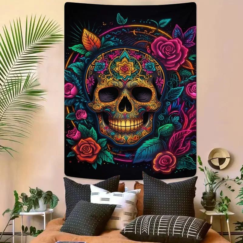 Colored Decorated Skulls and Flowers Digital printing polyester wall tapestry suitable for use living rooms offices bars party