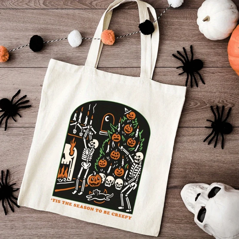 Halloween Skeleton Pumpkin Tote Bag Spooky Creepy Season Print Canvas Shopper For October Party And Festive Daily Commute