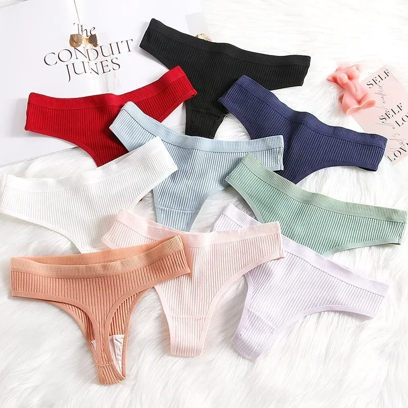 

Women's Panties Seamless Ribbed Thongs Low Waist Underpants Comfortable Cotton G-strings Solid Color Underwear Female Lingerie