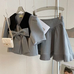 Korean Elegant Fashion OL Small Fragrance 2 Piece Sets Women New Short Blouse + Pleated Mini Skirt Sets Summer Two Piece Suits