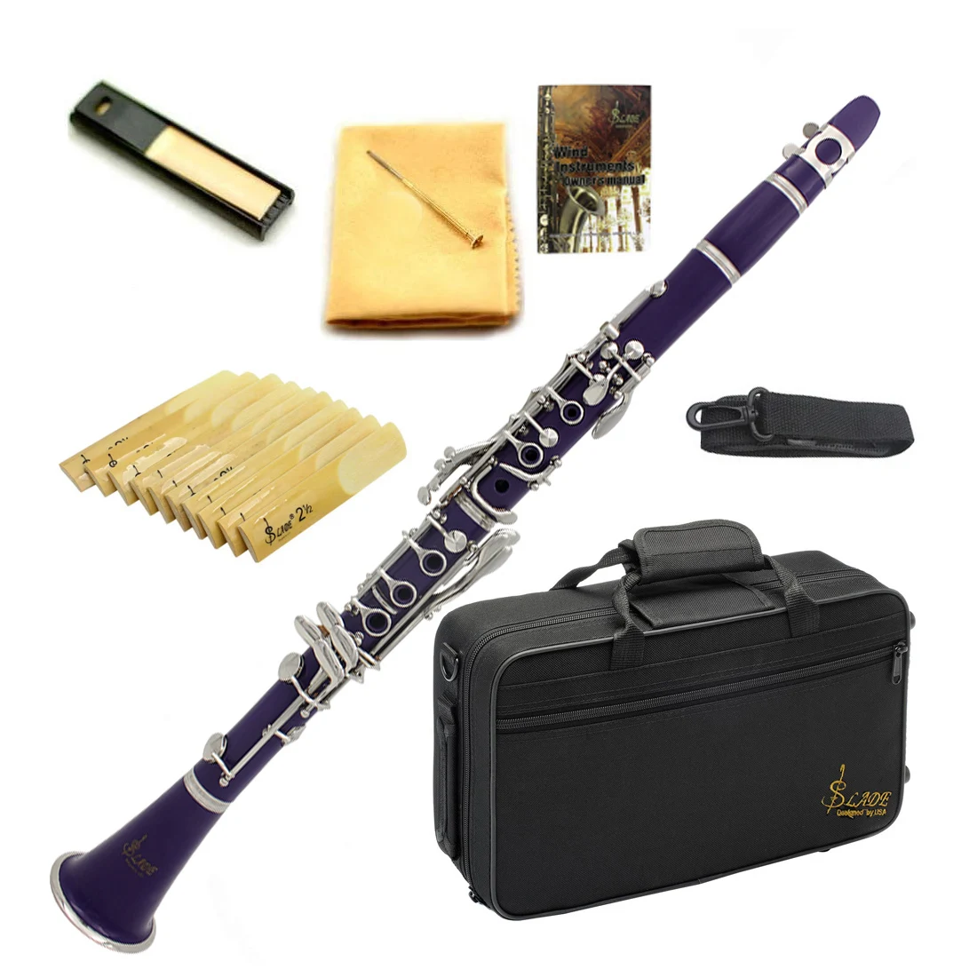 SLADE Clarinet Bb Flat 17 Nickel Key Purple Clarinet for Beginners Comes with 2 Gun Barrels Hard Shell and Clarinet Cleaning Kit