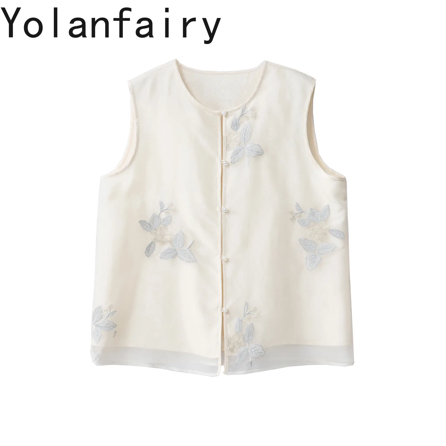 YOLANFAIRY Heavy Embroidery Silk Vest Women 100% Mulberry Silk Organza Top Round Neck Waistcoat Sleeveless Shirts and Blouses