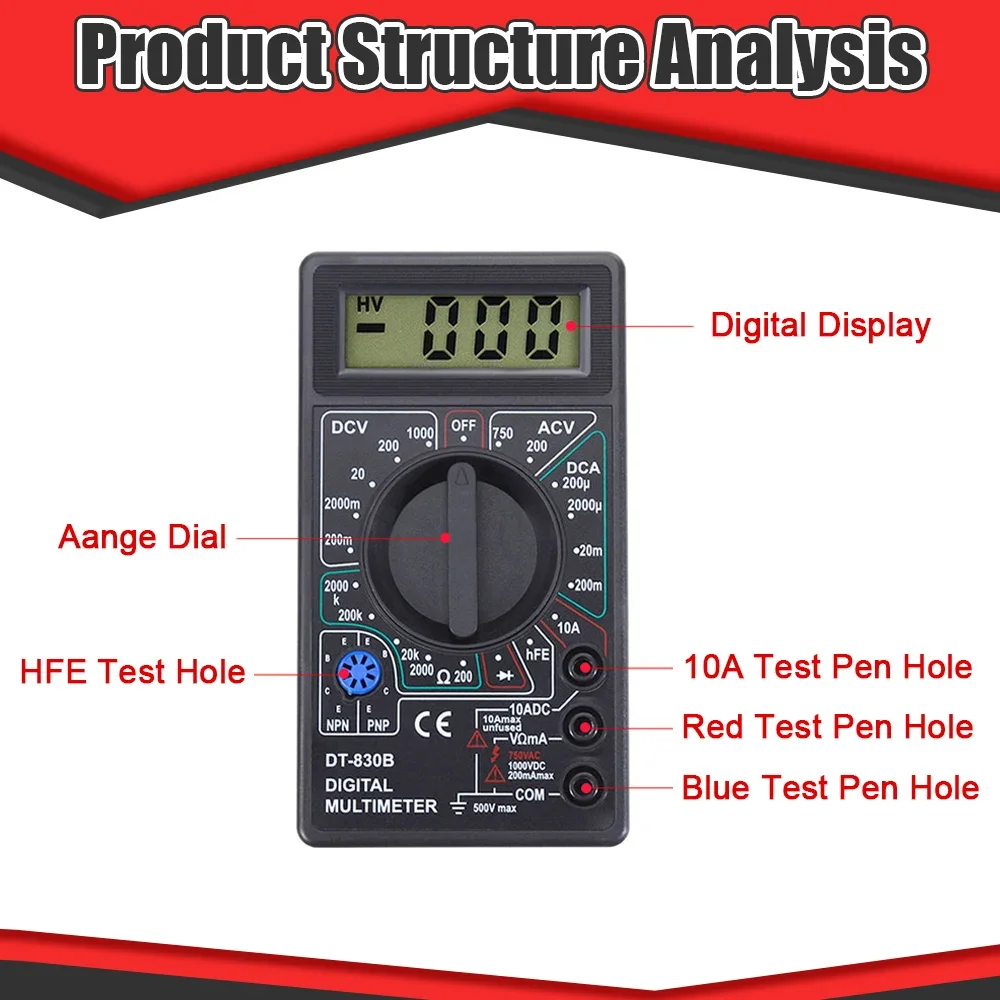 Mini Handheld Digital Multimeter, DT830B LCD Digital Multimeter AC DC Voltage Gauge with 750/1000V High Safety Voltmeter Ammeter