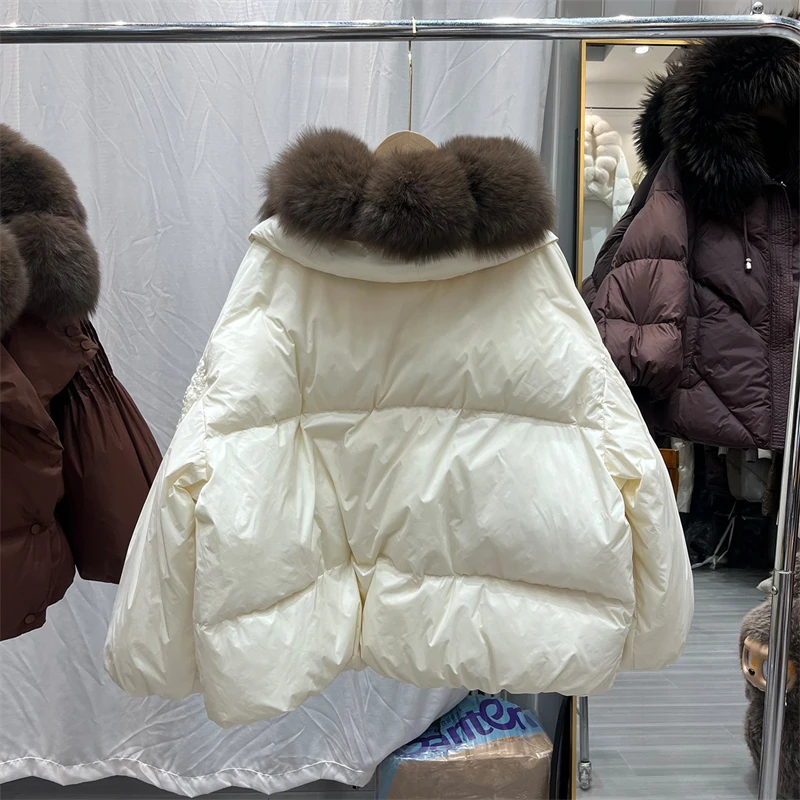 New winter style natural fox fur collar puff sleeve down jacket, high quality, fashionable short thick, warm loose-fitting coat.