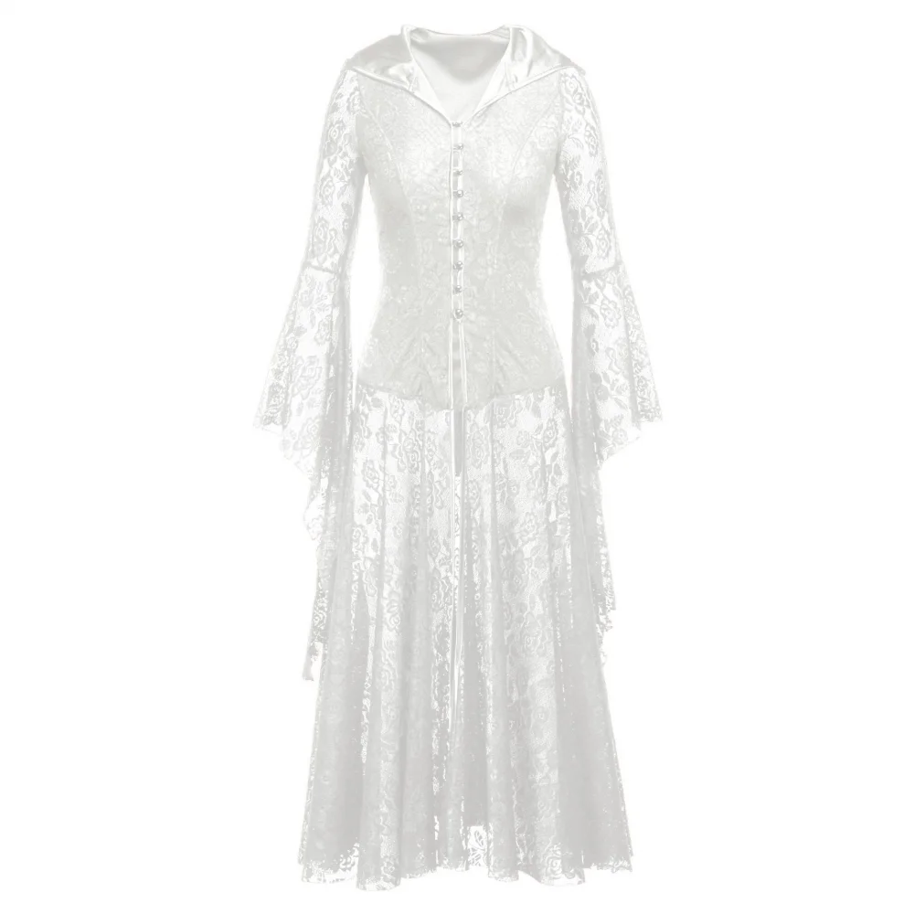 Halloweenowe z kapturem czarne koronkowe gotyckie ubrania sukienki Lolita dla kobiet rozszerzany rękaw sznurowane z tyłu średniowieczna sukienka Maxi w stylu vintage