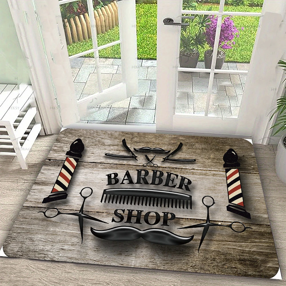 Barbershop Theme Door Mat Wood Grain Barber Pole Scissors Pattern Washable Entrance Mat Salon Living Room Decor Rug