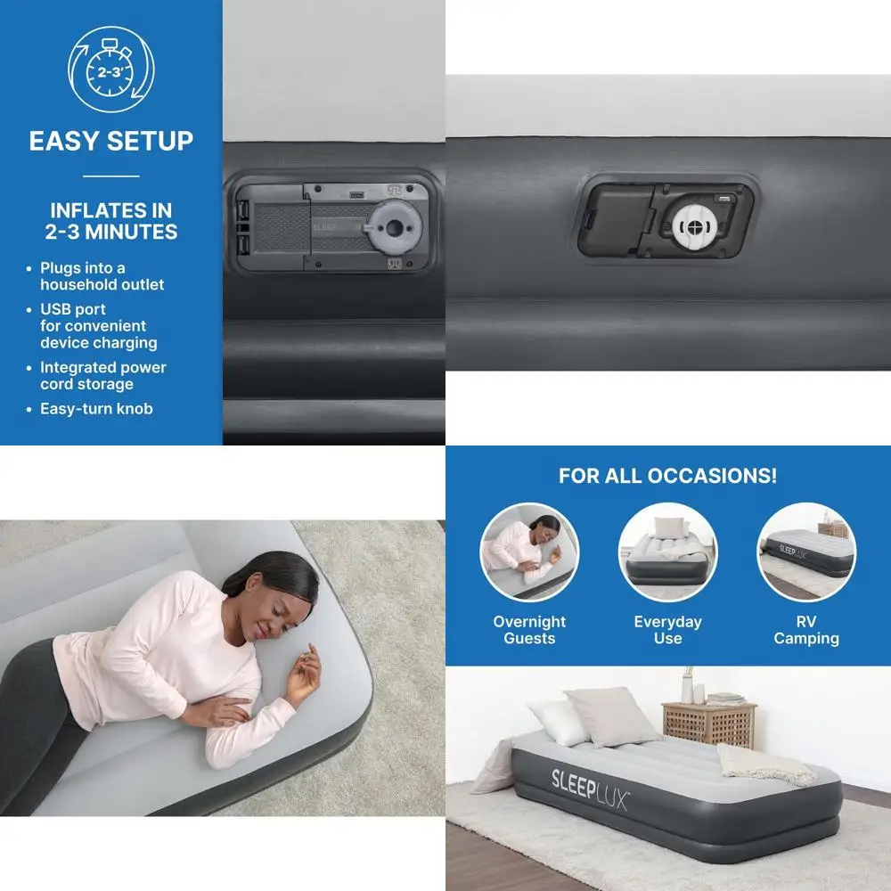 

Портативная надувная кровать со встроенным насосом, подушкой и USB-портом для зарядки