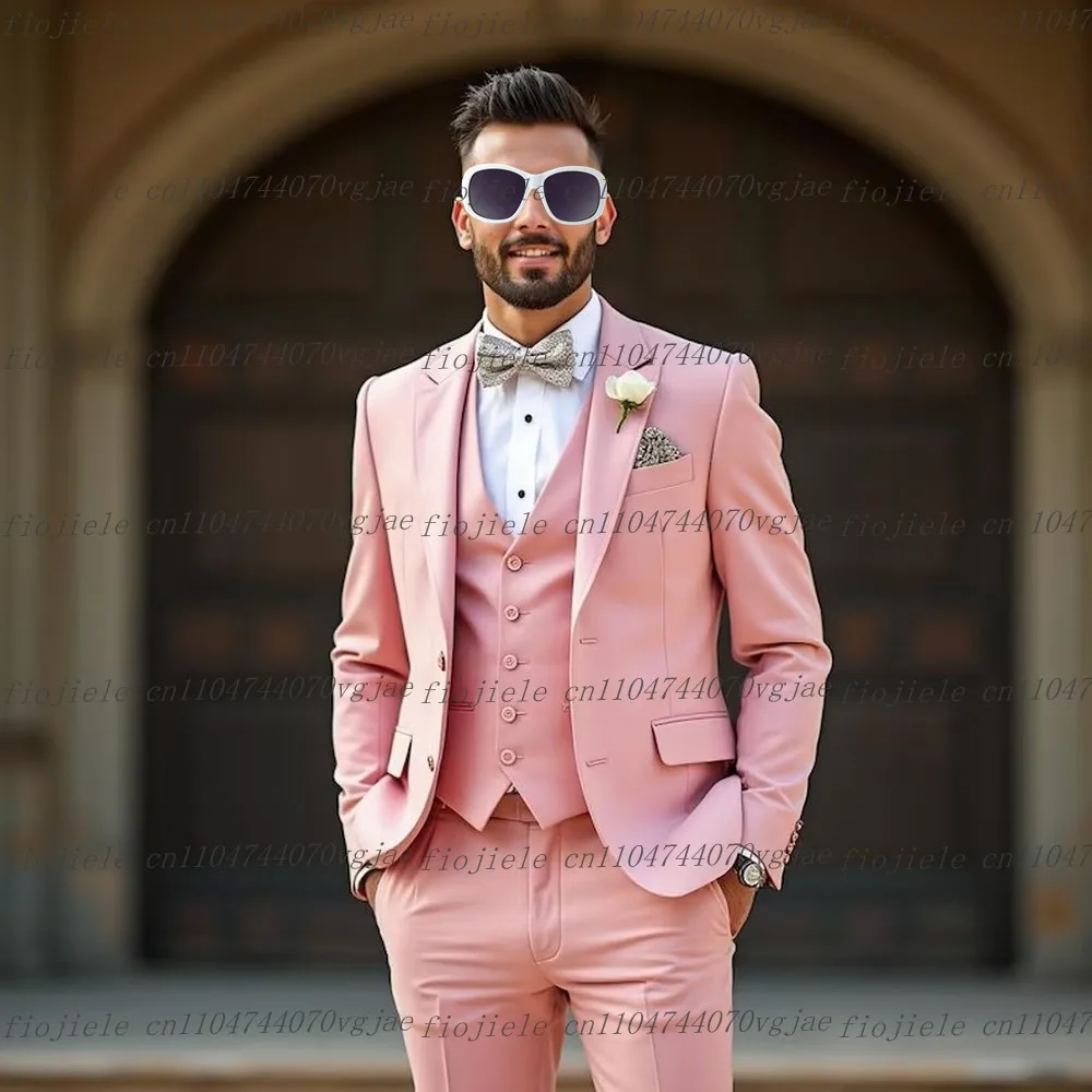 

Pink Men Suit Formal Occasion Wedding Party Groom Groomsman Business Male Tuxedos Customized 3 Piece Set Jacket Vest Pants
