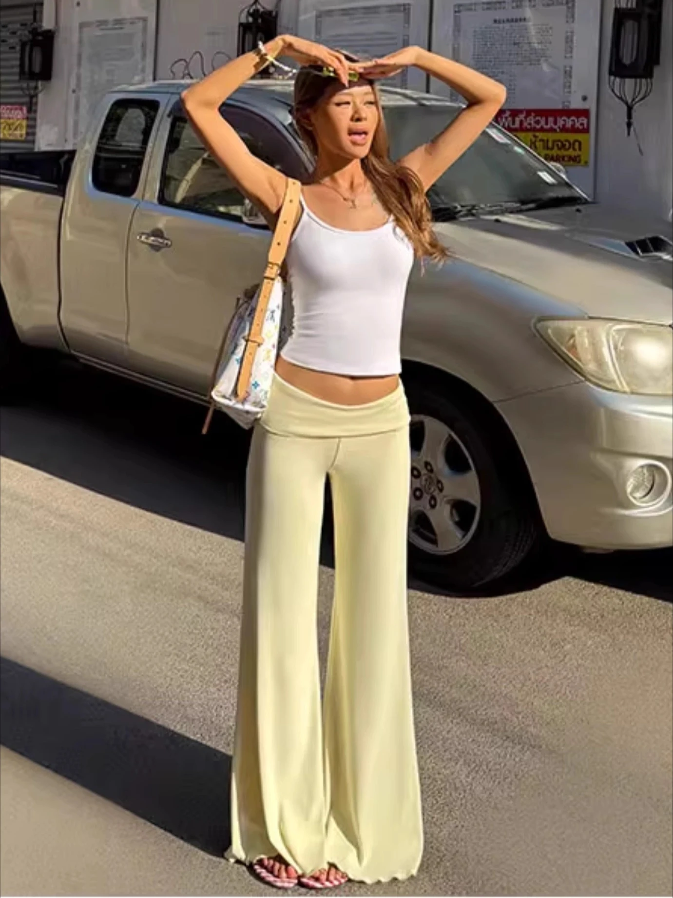 Women Fold Waist Cuff Flare Pants