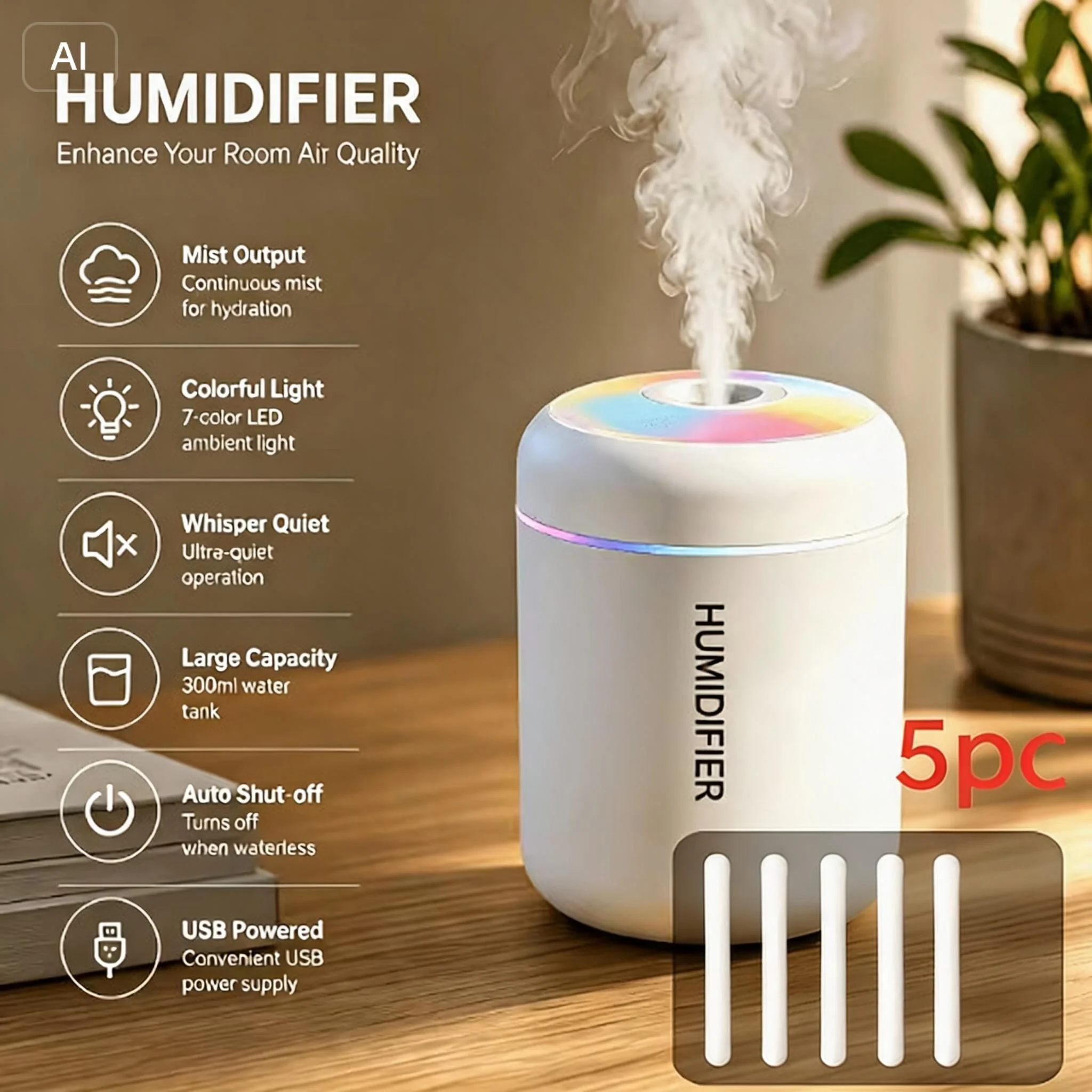 6PC Combo Pack Mini Humidifier Cotton Swabs, Colorful Light Effect for Home, Car, Office, Desktop Portable Hydrating Spray