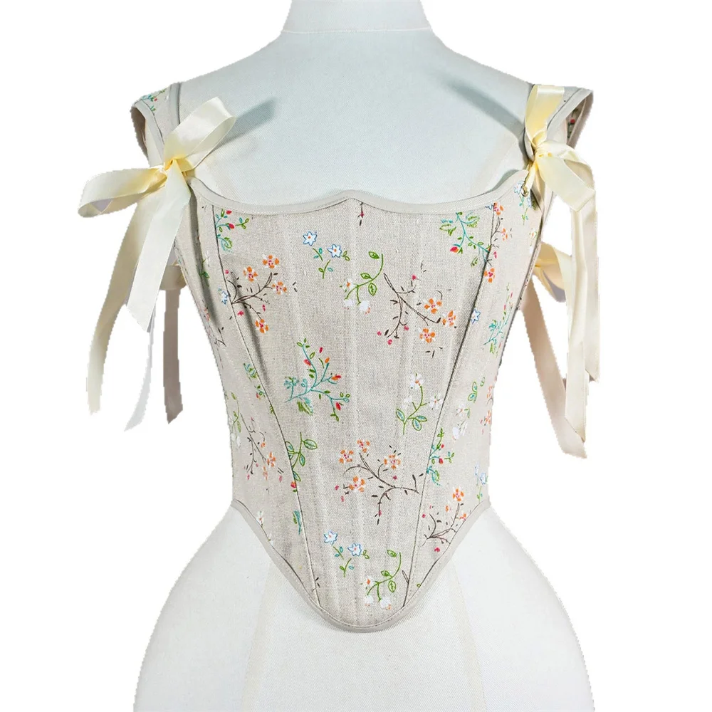 

Retro Gardenia Printed Cotton Linen Corset Vest Women Lingerie Overbust Shoulder Strap Boned Bodice Slimming Shaper Bustier Top