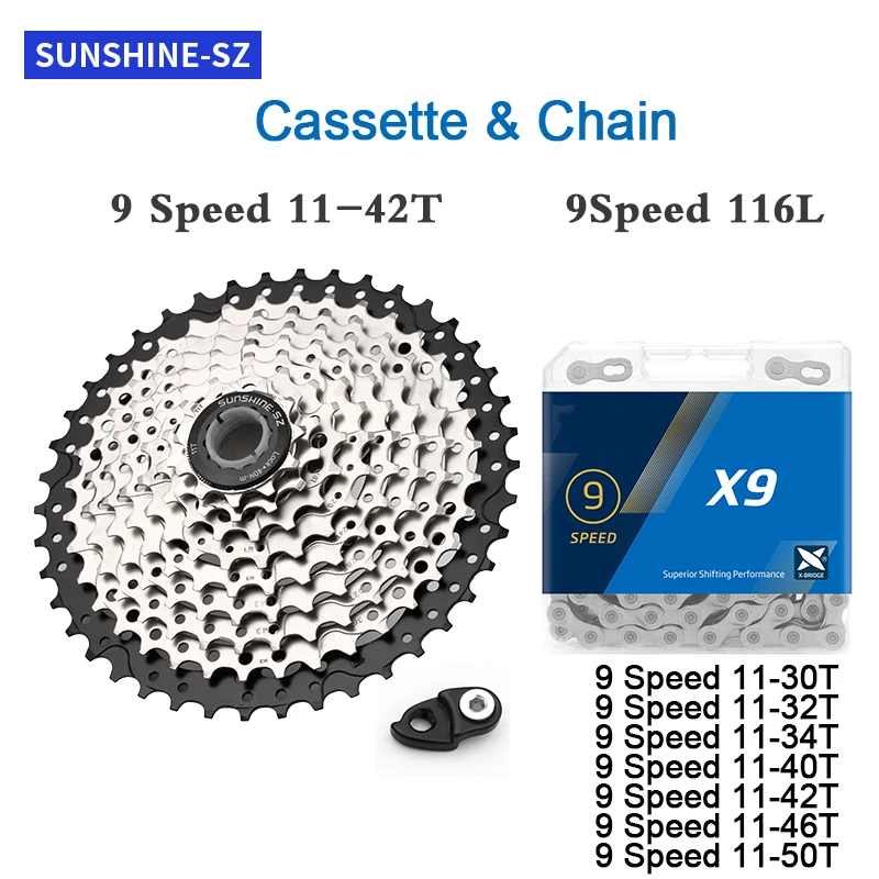 

Sunshine Road Bike 9 Speed Cassette MTB X11 Chain 25/28/32/36/40/42/46/50/52T 9V Flywheel Set 9S Sprocket for Shimano Parts