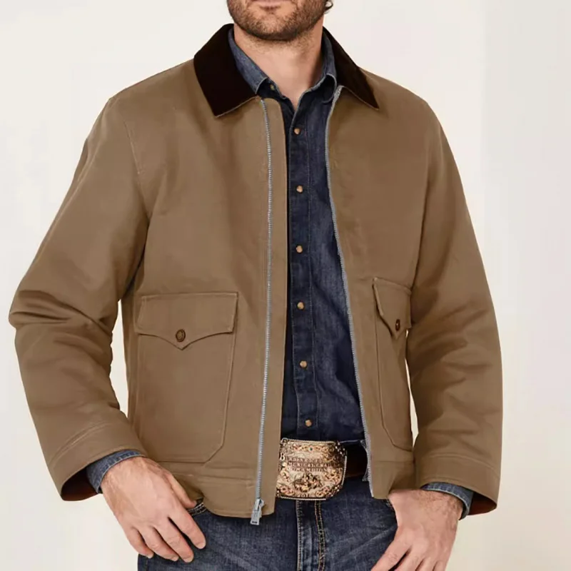 2024 Chaqueta informal sencilla de primavera y otoño para hombre, abrigo con cuello, cárdigan con cremallera a juego de colores