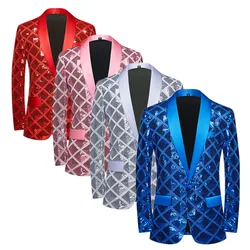 New Men Checkered Sequin Suit Jacket Blue / Red / Pink Fashion Male Luxury Dance Party Blazer Coats